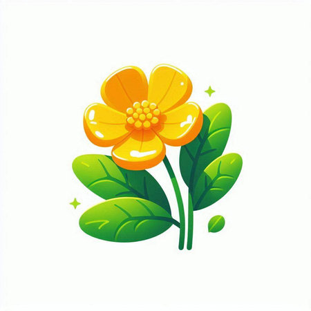 Cute yellow flower with green leaves isolated on white background. Vector illustration.のイラスト素材