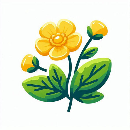 Illustration of a yellow flower with green leaves on a white backgroundのイラスト素材