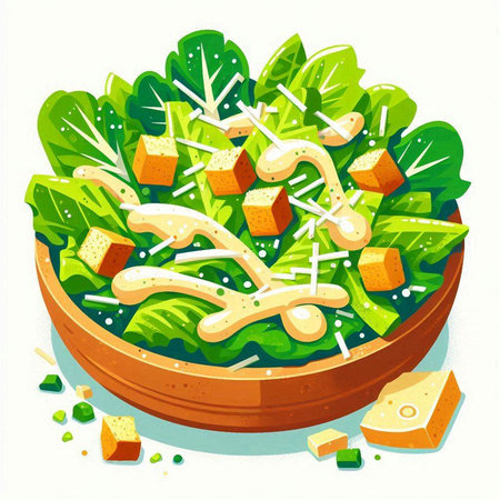 Fresh salad with lettuce, cheese and croutons. Vector illustration.のイラスト素材