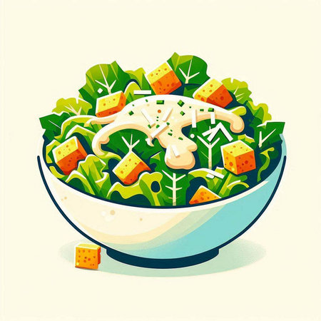 Salad with cheese and herbs in a bowl. Vector illustration.のイラスト素材