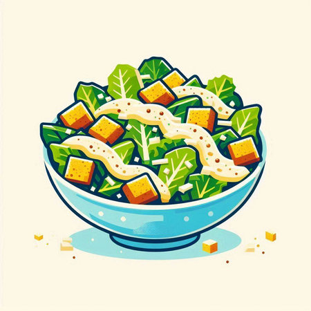 Healthy salad in a bowl with croutons. Vector illustration.のイラスト素材