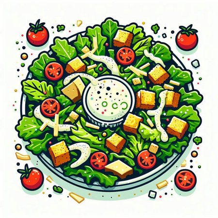 Salad with cheese, tomato, cucumber and lettuce. Vector illustration.のイラスト素材
