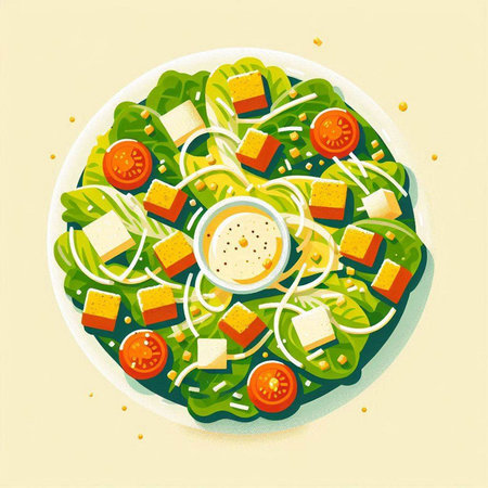 Salad with cheese, tomato, cucumber and lettuce. Vector illustrationのイラスト素材