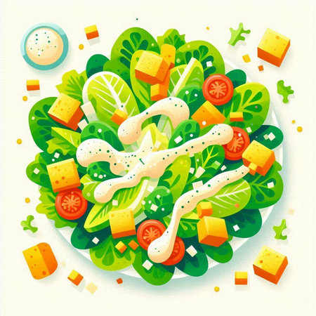 Salad with cheese, lettuce, tomato and sauce. Vector illustration.のイラスト素材