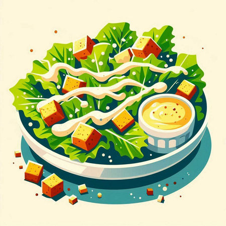 Salad with cheese and sauce on a plate. Vector illustration.のイラスト素材