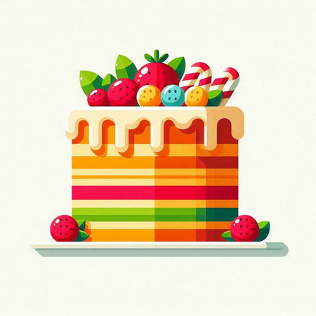 Birthday cake with strawberries and lollipops. Vector illustration.のイラスト素材