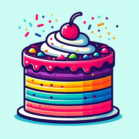 Rainbow cake with cream and cherry on top. Vector illustration.のイラスト素材