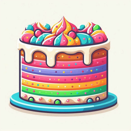 Birthday cake with colorful glaze and sprinkles. Vector illustration.のイラスト素材