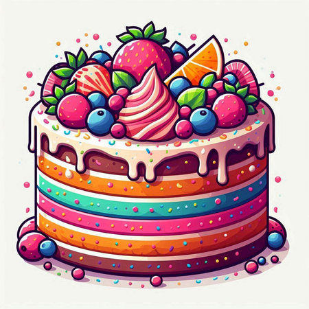 Birthday cake with berries and fruits. Vector illustration. Eps 10のイラスト素材
