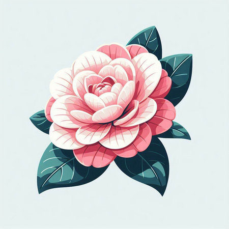 Camellia flower with leaves. Vector illustration in retro style.のイラスト素材