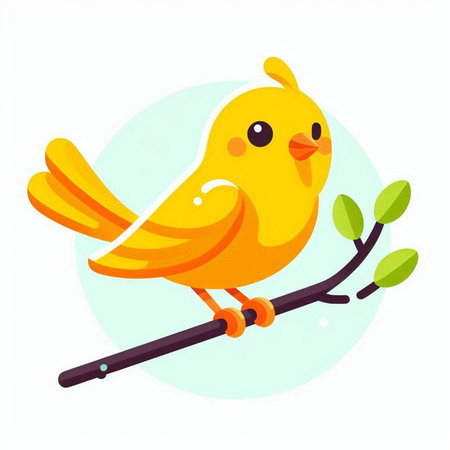Cute yellow bird on a branch. Vector illustration in cartoon style.のイラスト素材