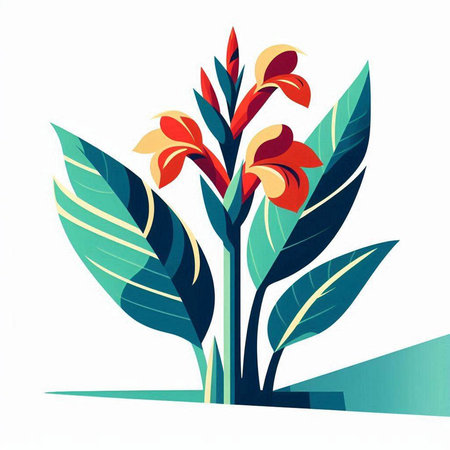 Vector illustration of stylized tropical plant with orange flowers and green leavesのイラスト素材