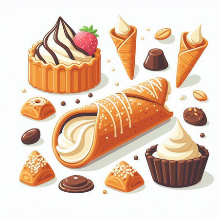 Vector illustration of sweet pastry with cream, chocolate, strawberry, ice cream, waffle cones, candies.のイラスト素材
