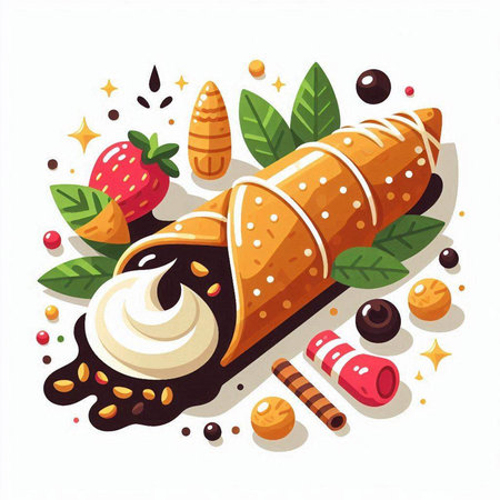 Vector illustration of ice cream in a waffle cone with berries, chocolate, cream and nuts.のイラスト素材