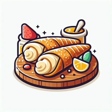 Slices of croissant on a wooden board. Vector illustration.のイラスト素材