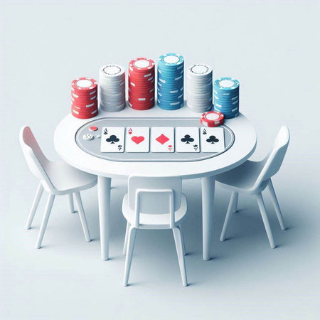 3d rendering of a casino table with chips, cards and chairsのイラスト素材