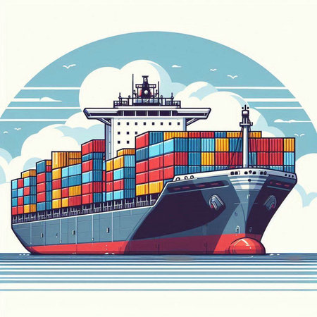 Cargo ship in the ocean. Freight transportation. Vector illustration.のイラスト素材