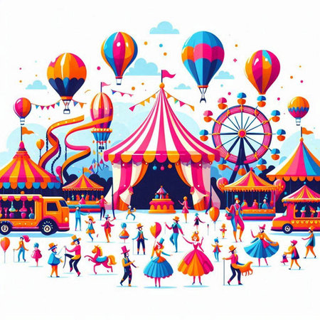 Circus background with people and attractions. Vector illustration for your designのイラスト素材