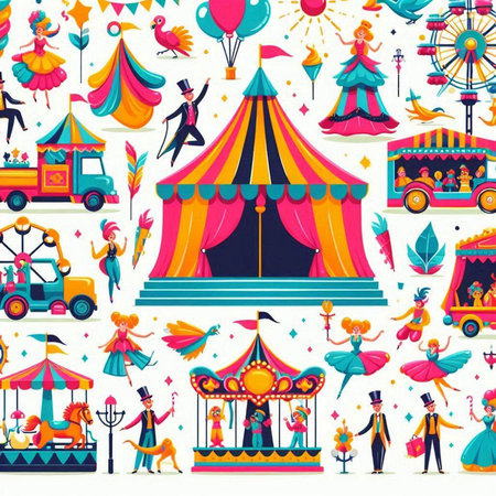 Amusement park seamless pattern with clowns, carousels, circus tent, amusement park vector illustration.のイラスト素材