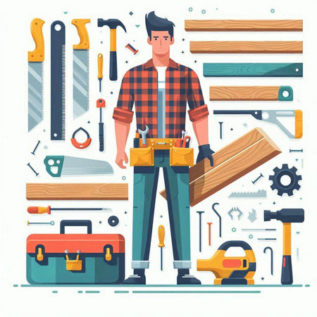 Handyman with tools and instruments. Vector illustration in flat styleのイラスト素材