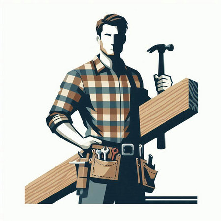 Vector illustration of a lumberjack holding a hammer and a plank.のイラスト素材