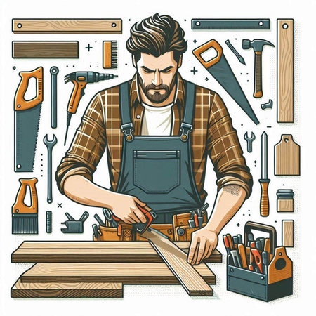 Carpenter with tools. Vector illustration in vintage engraving style.のイラスト素材