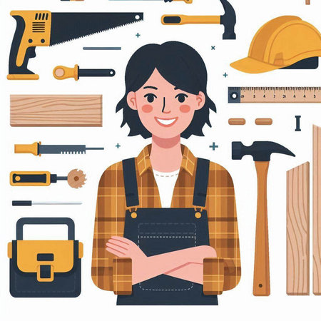 Carpenter woman with tools. Vector illustration in flat style.のイラスト素材