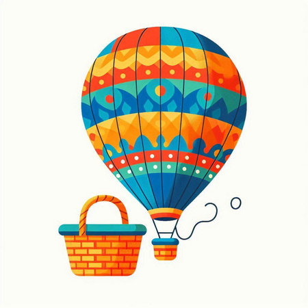 Colorful hot air balloon with basket on white background. Vector illustration.のイラスト素材