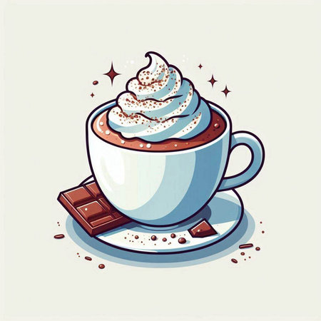 Coffee cup with whipped cream and chocolate. Vector illustration.のイラスト素材
