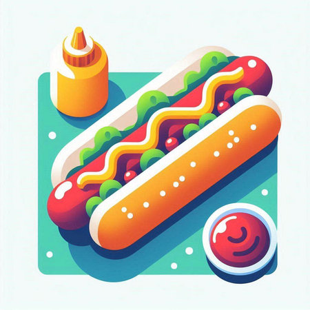 Hot dog, mustard and ketchup. Fast food concept. Vector illustration.のイラスト素材