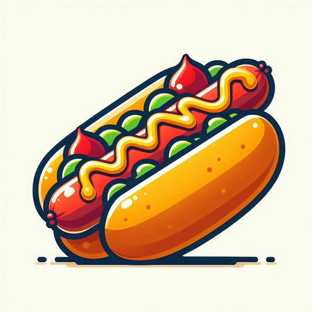 Hot dog with mustard and ketchup on a white background. Vector illustrationのイラスト素材