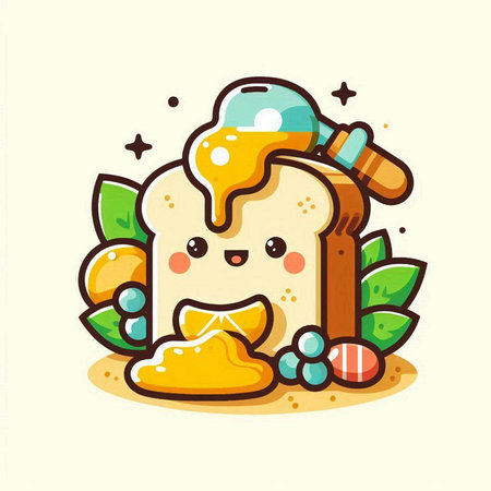 Cute cartoon bread character with honey and fruits. Vector illustration.のイラスト素材