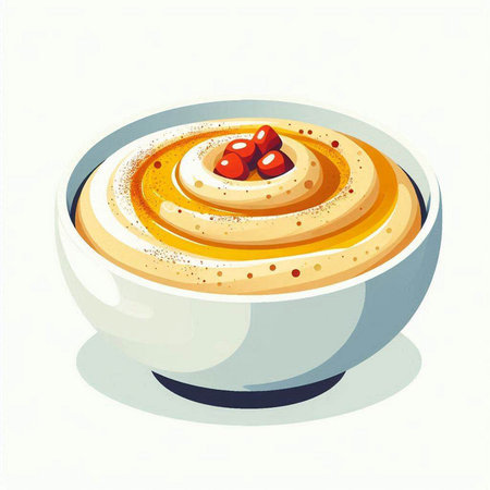 Bowl of hummus with pomegranate seeds. Vector illustration.のイラスト素材