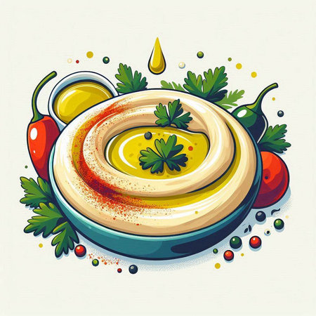Bowl of hummus with olive oil and parsley, vector illustrationのイラスト素材