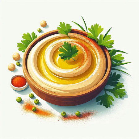 Hummus in wooden bowl with parsley and spices. Vector illustration.のイラスト素材
