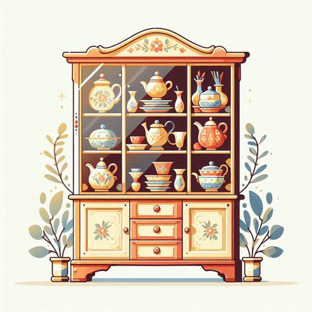 Vintage cupboard with porcelain dishes. Vector illustration.のイラスト素材