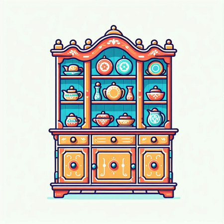 Vintage cupboard with cups and teapots, vector illustrationのイラスト素材