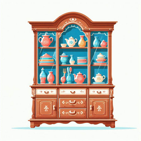 Vintage cupboard with porcelain dishes. Vector illustration.のイラスト素材