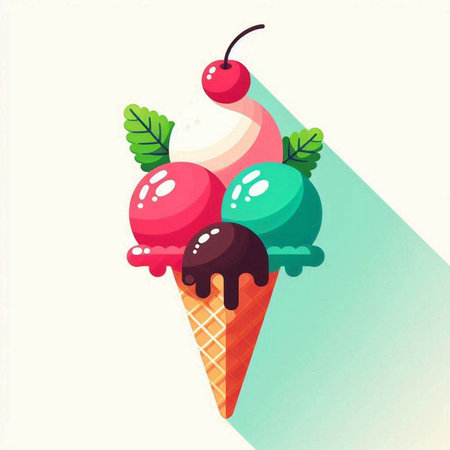 Ice cream cone with chocolate, cherry and mint. Vector illustration in flat styleのイラスト素材