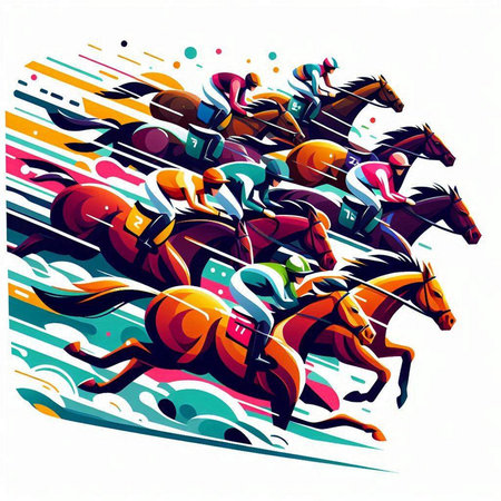 Horse race with jockeys and riders, vector illustration.のイラスト素材