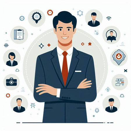 Businessman standing with arms crossed. Vector illustration in flat style.のイラスト素材