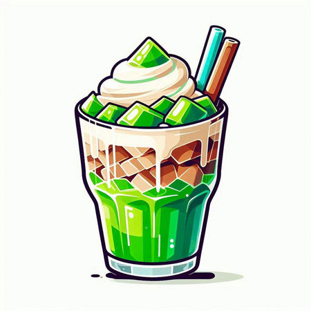 Iced green tea with whipped cream and sugar. Vector illustration.のイラスト素材