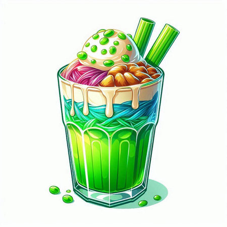 Illustration of a glass of green smoothie with ice cream and candiesのイラスト素材