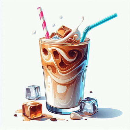 Iced coffee with ice cubes. Hand drawn illustration. Vector.のイラスト素材