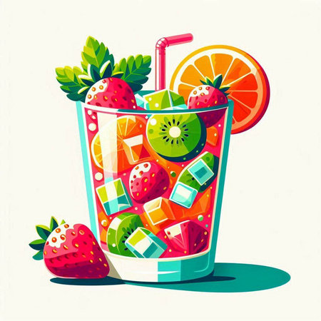 Strawberry mojito with ice cubes and fruits. Vector illustration.のイラスト素材