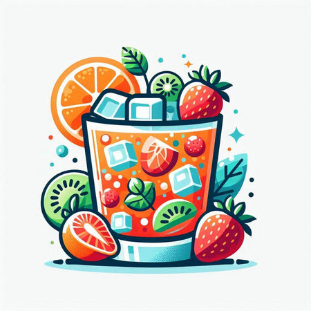 Cocktail with ice, fruits and mint. Vector illustration.のイラスト素材