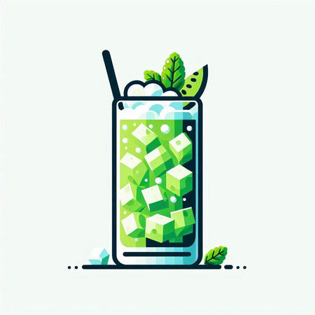 Cocktail with ice cubes and mint leaves. Vector illustration.のイラスト素材
