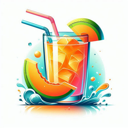 Vector illustration of a glass of melon smoothie with water splashのイラスト素材