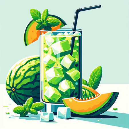 Illustration of a glass of melon juice with ice cubes and mint leavesのイラスト素材