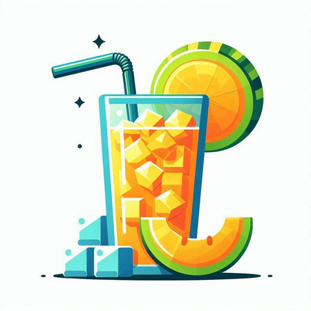 Cocktail with orange, melon and ice cubes. Vector illustrationのイラスト素材
